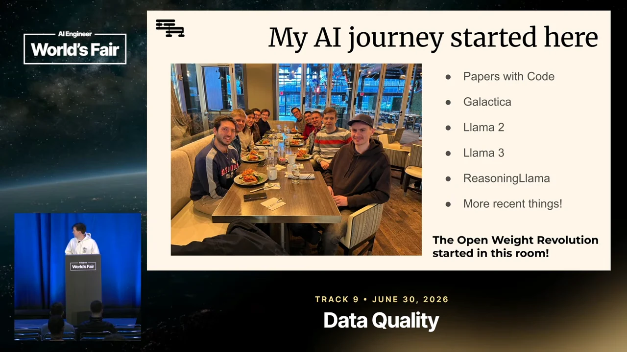 Slide titled “My AI journey started here” with a group dinner photo and a list including Papers with Code, Galactica, Llama 2, Llama 3, and ReasoningLlama.