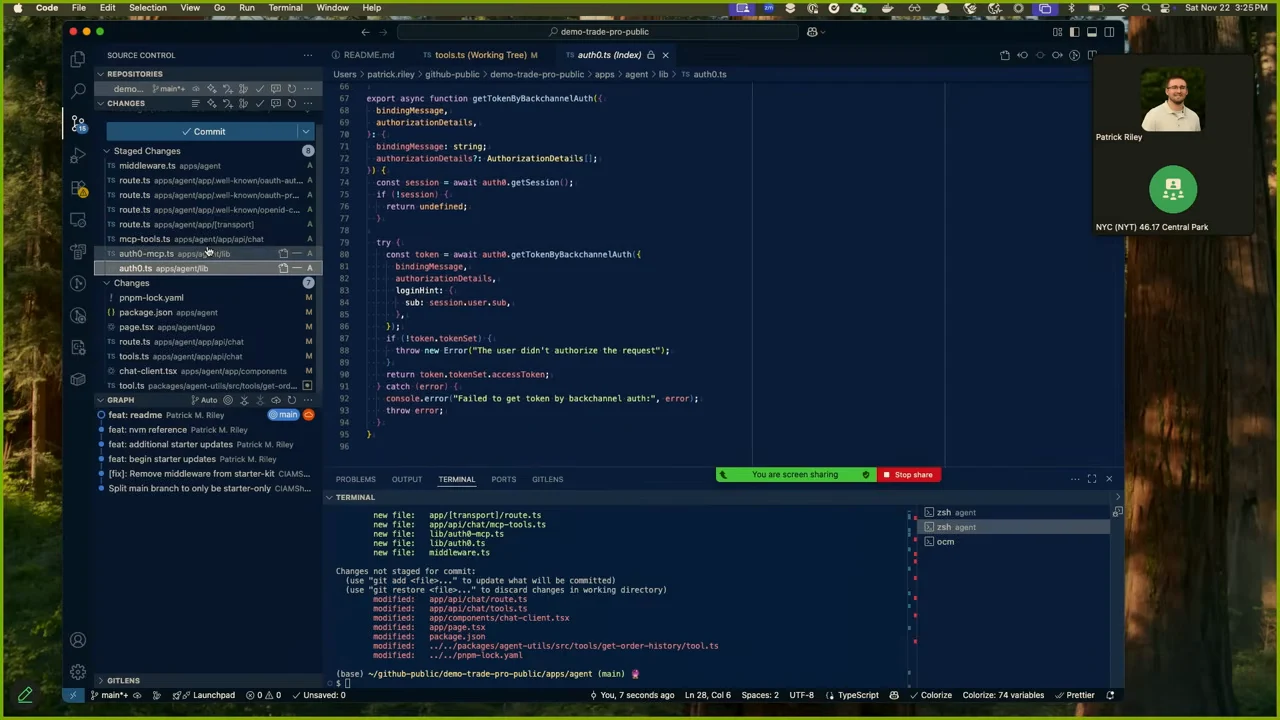 VS Code displays an asynchronous helper that requests a token through backchannel authentication, returns the access token, and handles errors.