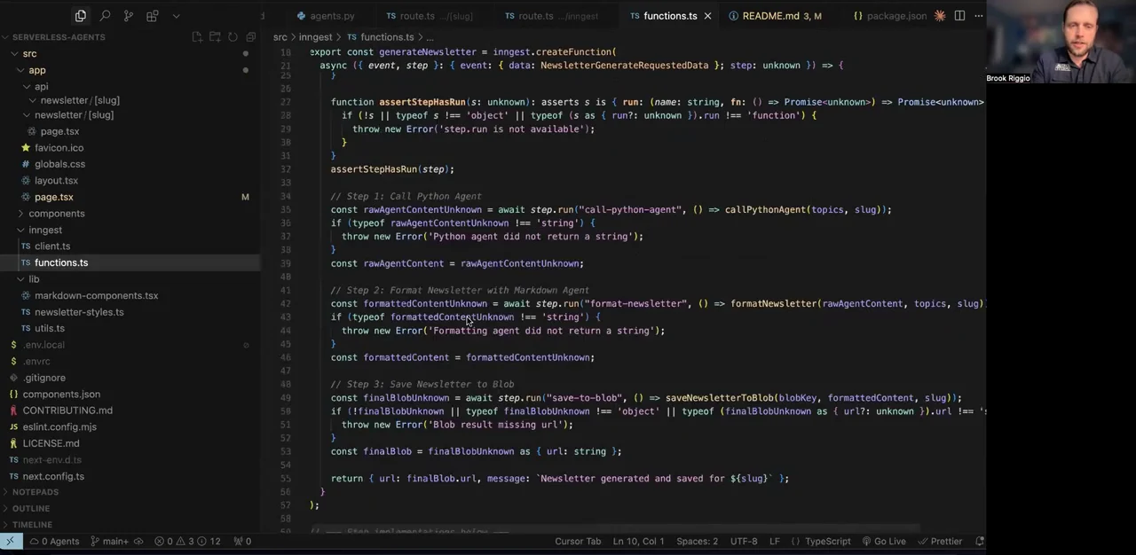 Code editor showing three numbered workflow steps for calling a Python agent, formatting a newsletter and saving it to blob storage, with result checks between steps.