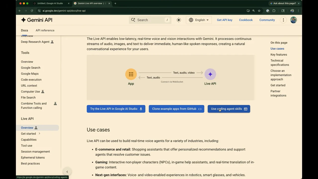 Gemini API documentation with an App-to-Live-API connection diagram and buttons for Google AI Studio, GitHub example apps, and coding agent skills.
