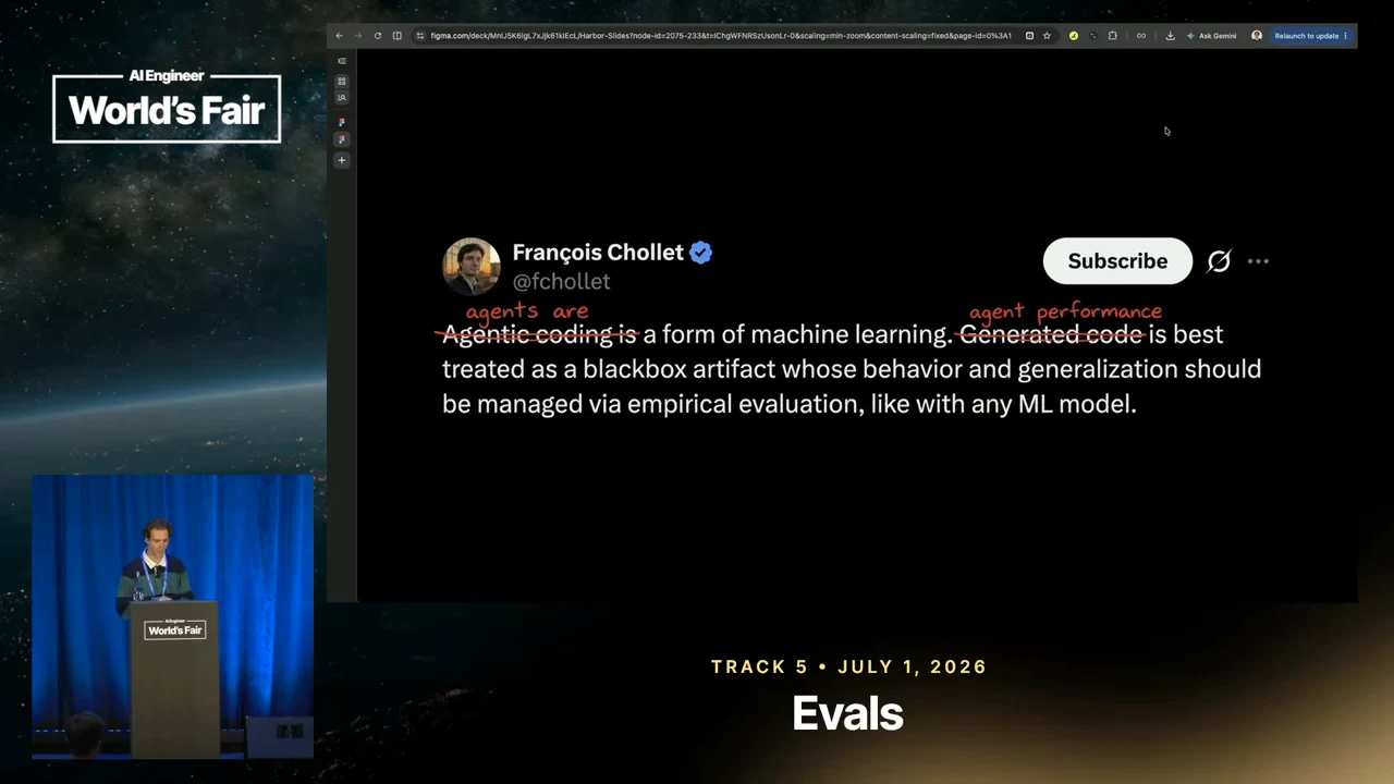 François Chollet post with red edits replacing “Agentic coding” with “agents are” and “Generated code” with “agent performance.”
