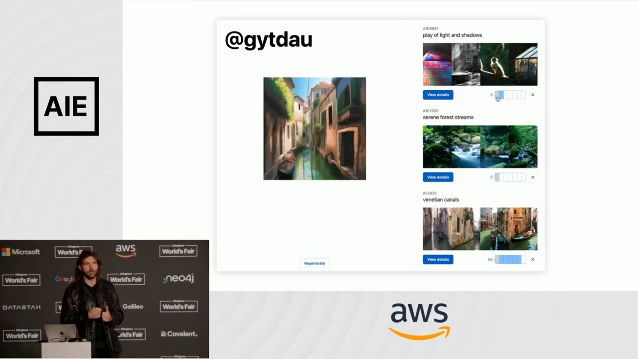 Demo labeled “@gytdau” displaying a canal image beside reference thumbnails and sliders for light and shadows, forest streams, and Venetian canals.
