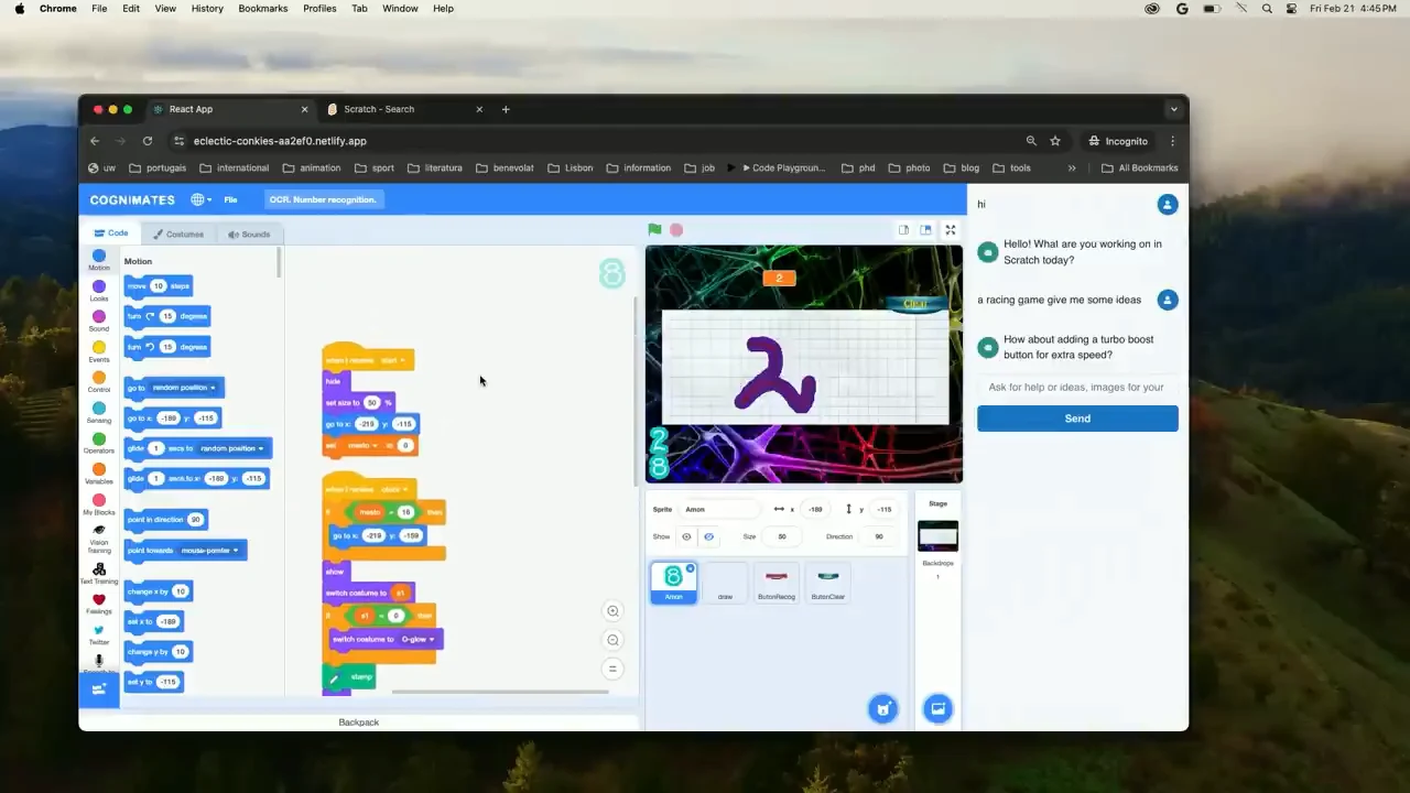 Cognimates editor with stacked programming blocks, a purple handwritten mark on a white grid, visible 2 and 8 digits, and an AI chat sidebar.