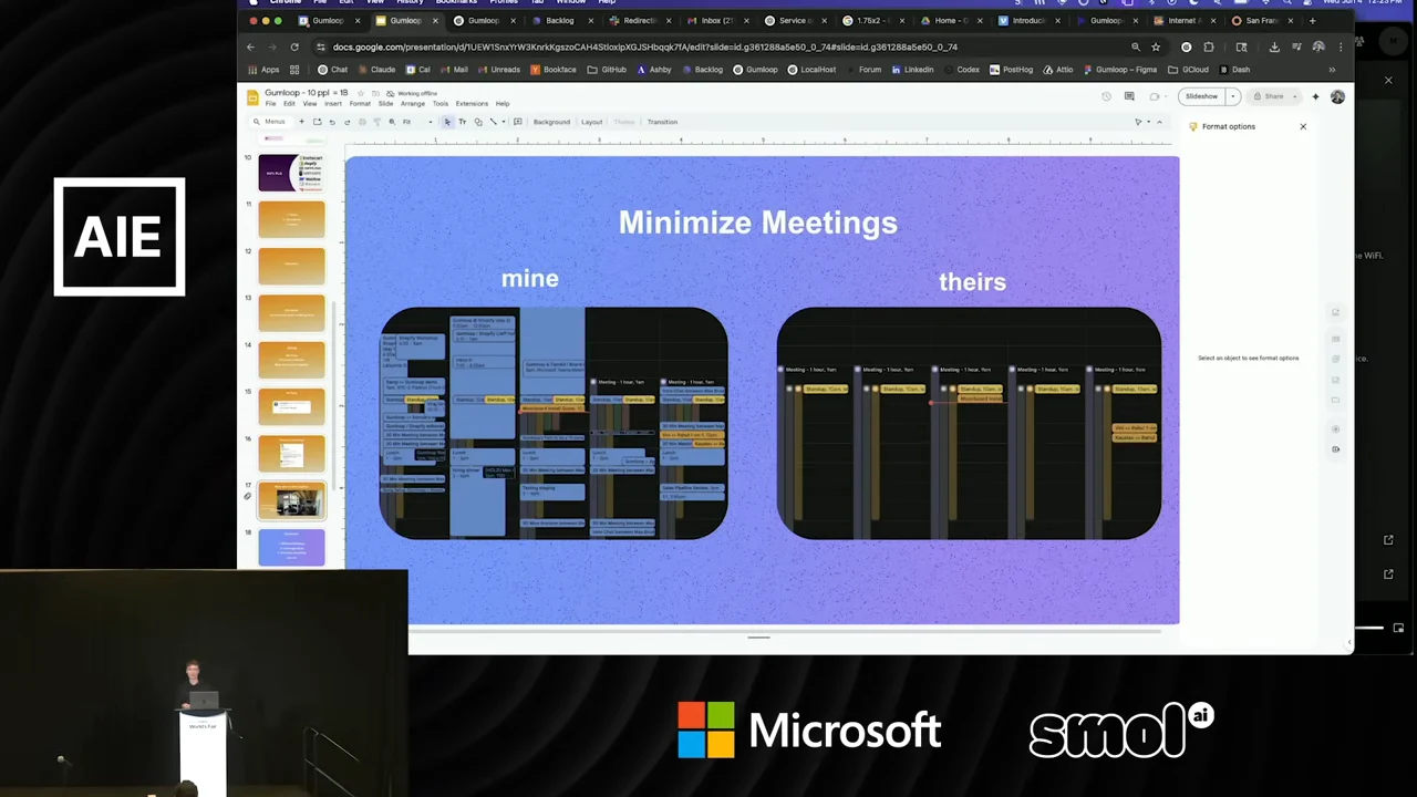Slide titled “Minimize Meetings” compares calendars labeled “mine” and “theirs”; the left contains many colored appointments while the right has large empty areas.