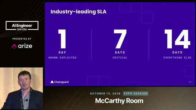 Chainguard’s presented remediation SLA: one day for known-exploited vulnerabilities, seven days for critical issues and fourteen days for everything else.
