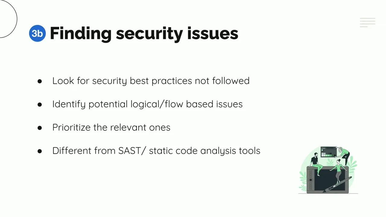 Finding security issues slide lists security best practices not followed, potential logical or flow-based issues, prioritization, and a distinction from SAST or static code analysis.