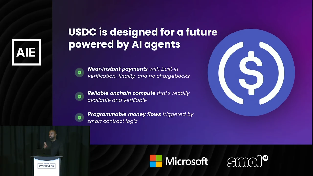 Purple slide with a USDC symbol and three bullets covering near-instant payments, reliable onchain compute and programmable money flows triggered by smart contract logic.