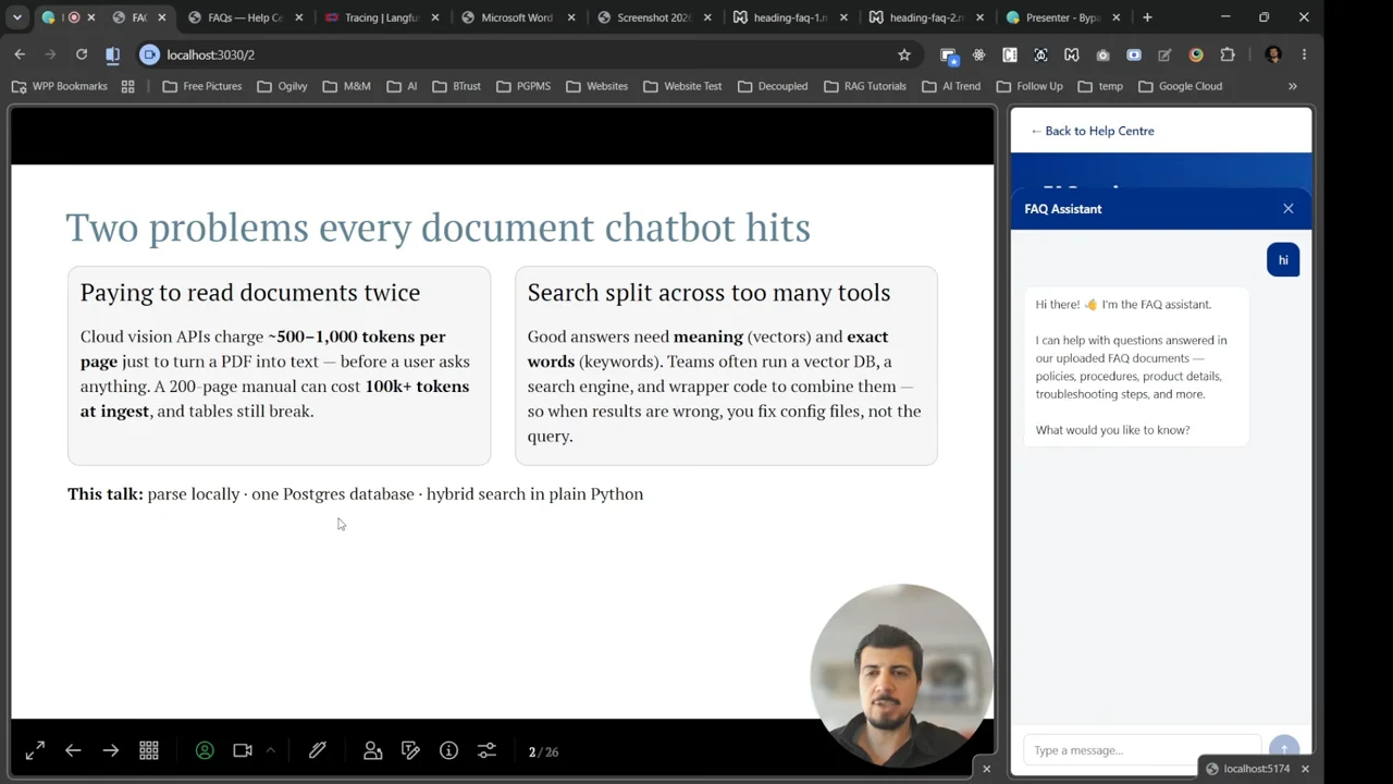 Slide with two boxes titled “Paying to read documents twice” and “Search split across too many tools,” beside an FAQ assistant.