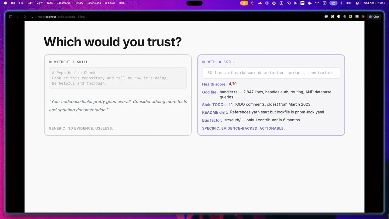 “Which would you trust?” slide contrasts generic praise with a health score and specific findings about a large file, stale TODOs, README drift and bus factor.