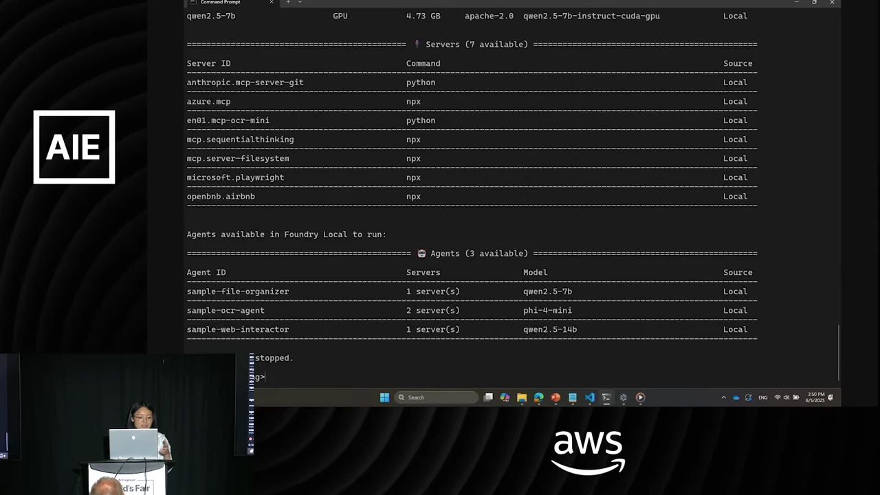 Terminal tables list available MCP servers and the sample file organizer, OCR agent, and web interactor, alongside server counts and model names.