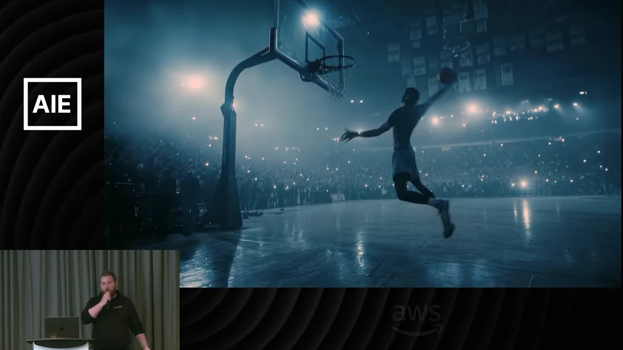 A basketball player leaps toward a hoop in a blue-lit arena, with the presenter inset below.