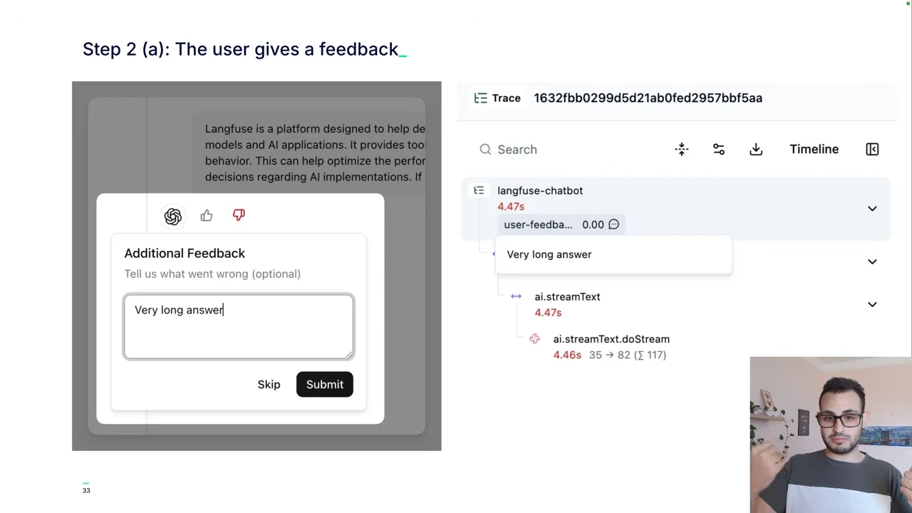 Side-by-side screenshots show an Additional Feedback form containing Very long answer and a trace displaying the same comment above nested execution spans.