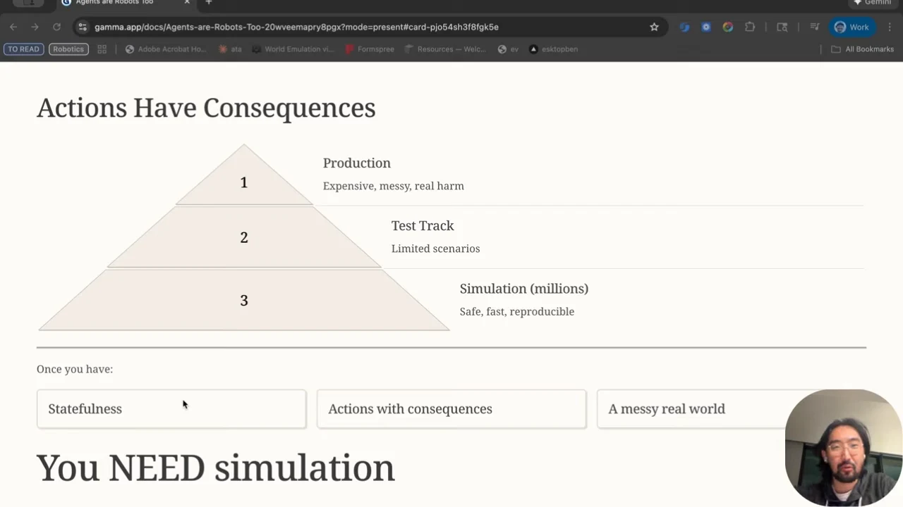 Actions Have Consequences slide shows a three-level pyramid labeled Production, Test Track and Simulation (millions), followed by statefulness, actions with consequences, a messy real world and You NEED simulation.