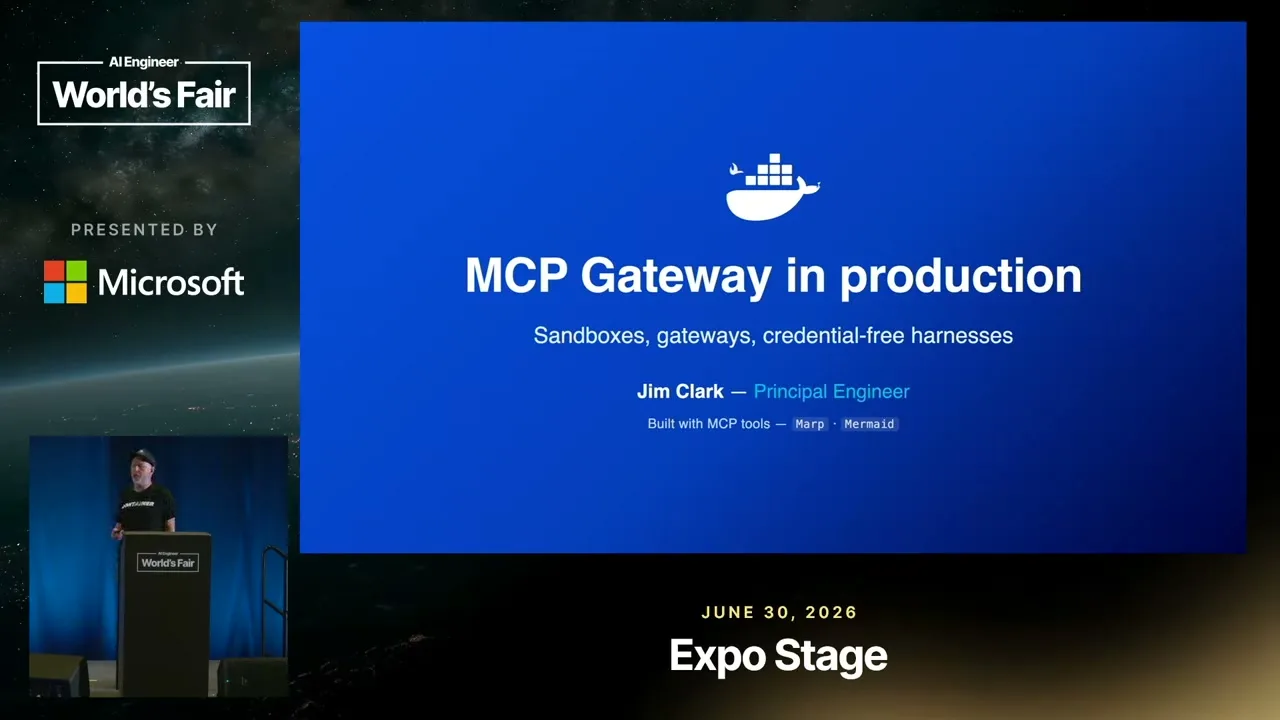 Selected presentation frame from How Many Credentials Should Your AI Agent Have? Zero. — Jim Clark, Docker at 62 seconds