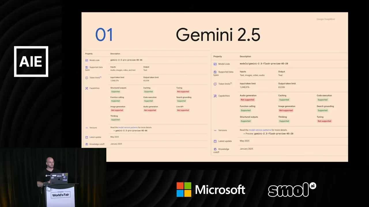 Slide titled Gemini 2.5 with two side-by-side model specification tables.