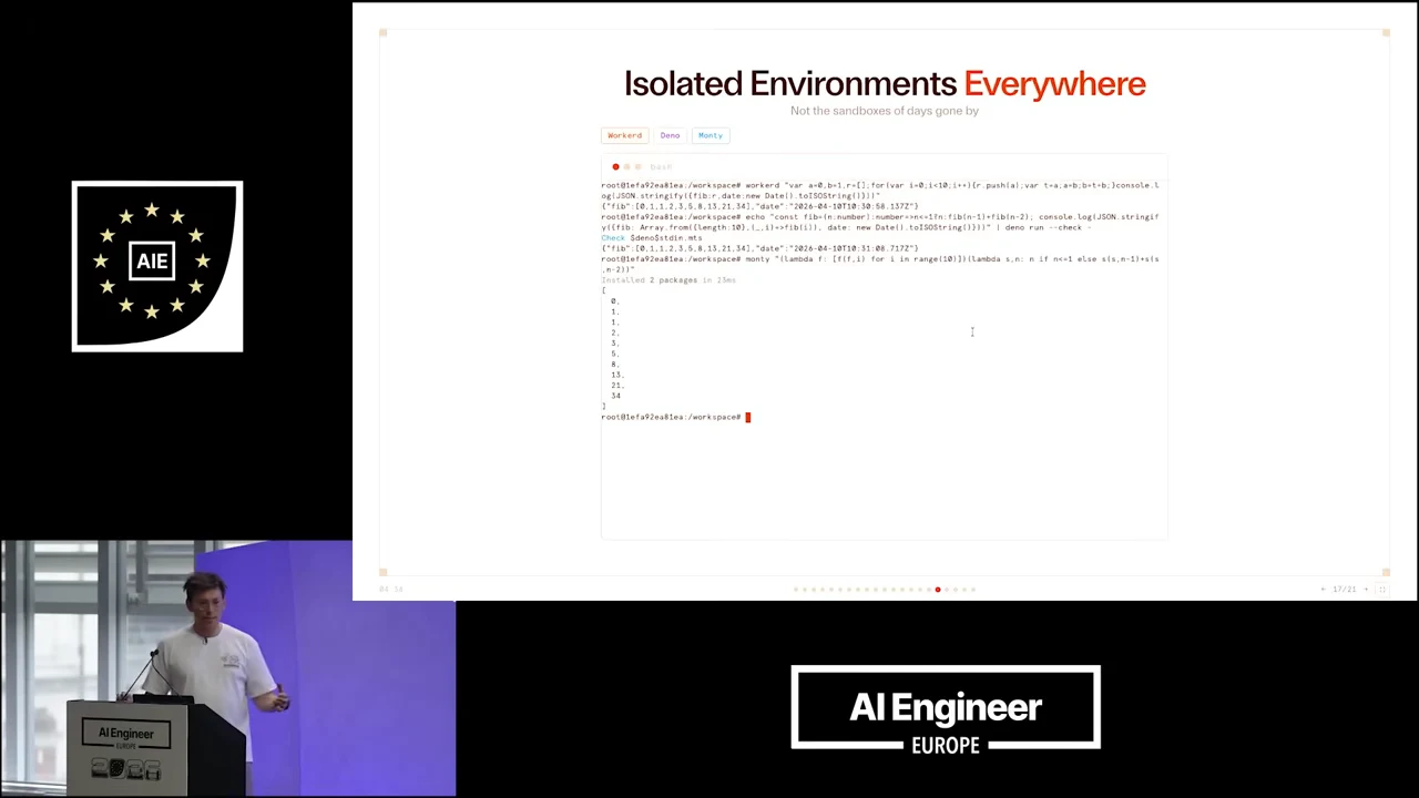 Slide titled “Isolated Environments Everywhere” with runtime tabs and a terminal showing a vertical list of numbers above a returned prompt.