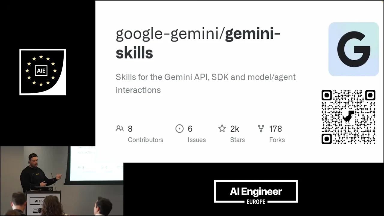 Repository card for google-gemini/gemini-skills, described as skills for the Gemini API, SDK, and model/agent interactions, with a QR code.
