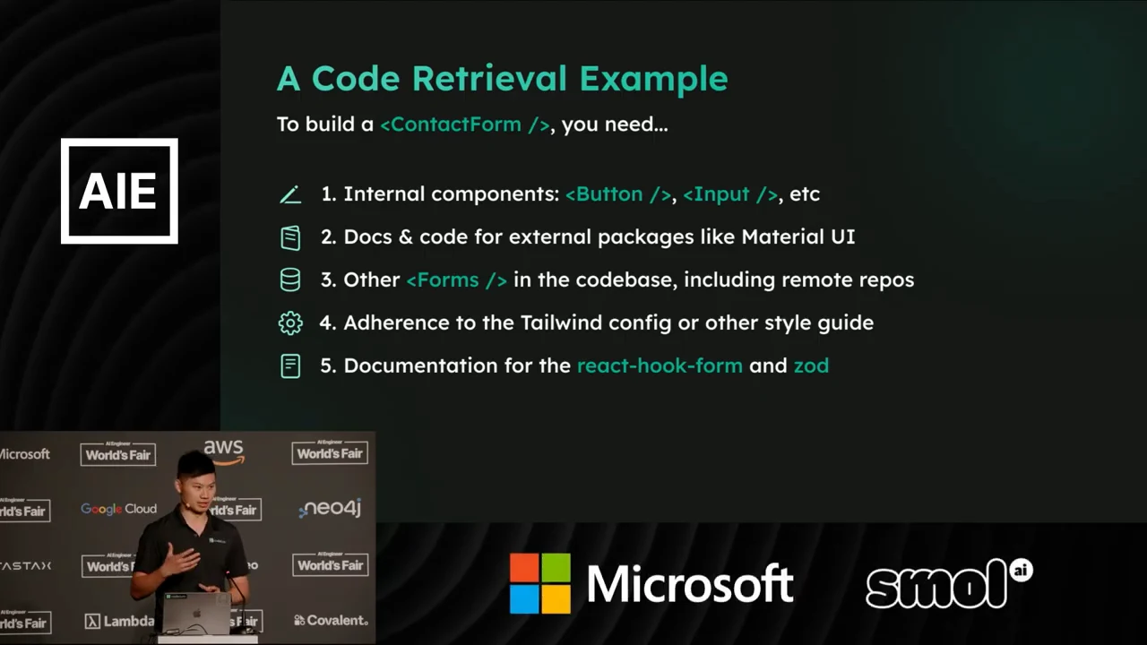 A Code Retrieval Example lists internal components, external package documentation and code, other forms, Tailwind configuration or a style guide, and react-hook-form and zod documentation.