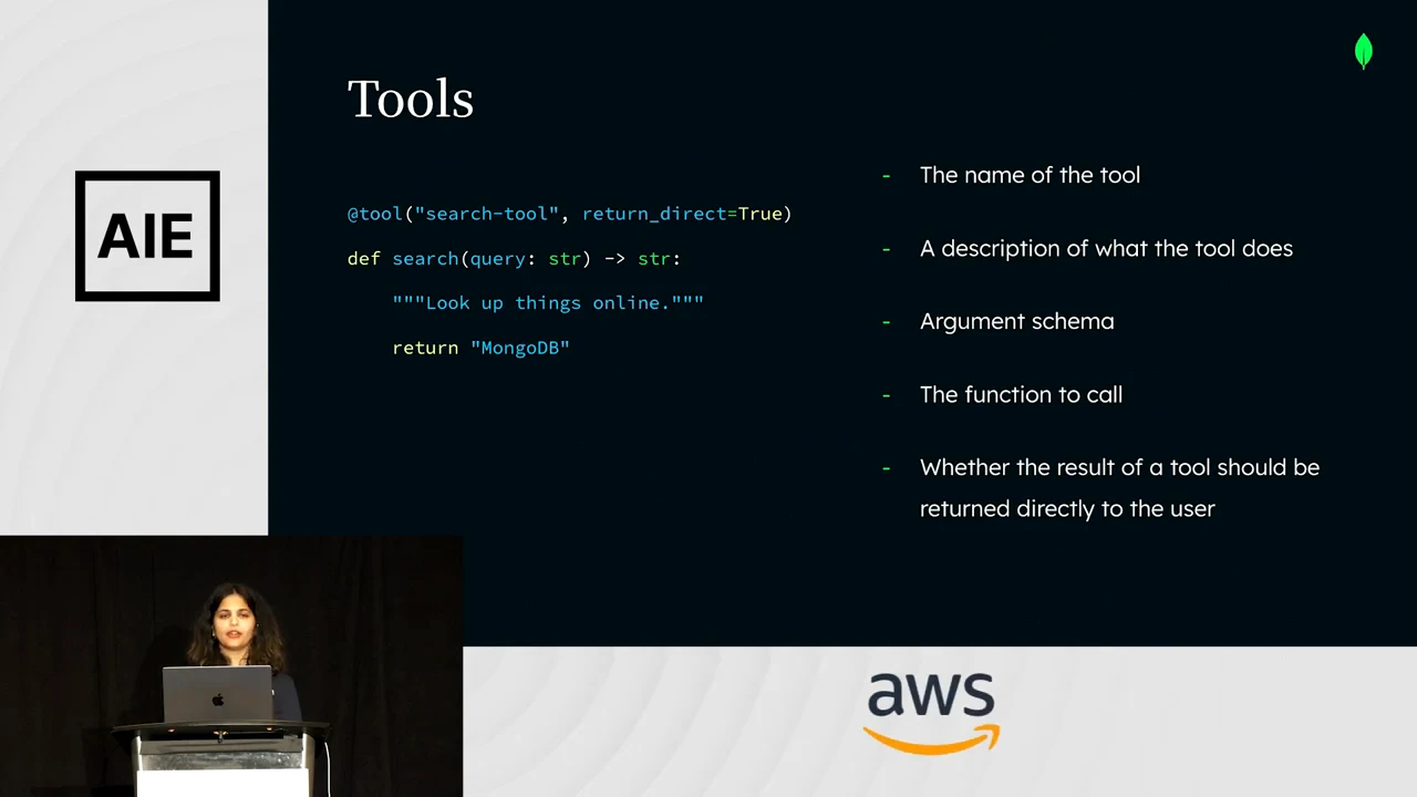 Tools slide showing a short Python function beside five items: tool name, description, argument schema, function to call, and whether to return the result directly to the user.