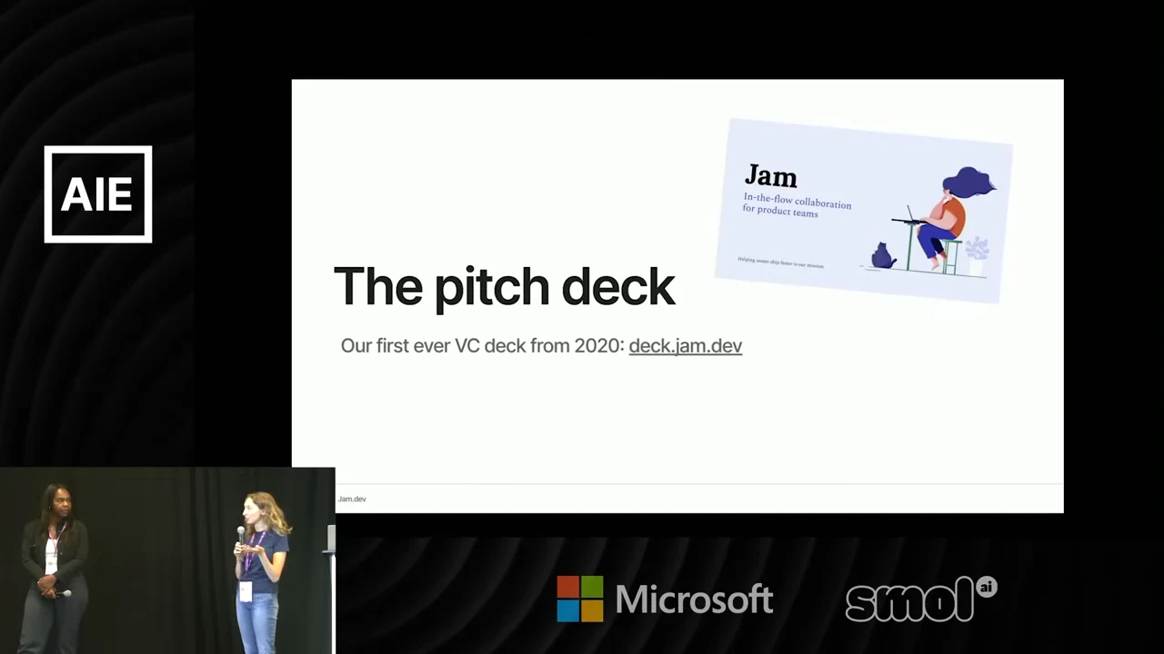Slide titled “The pitch deck” with the text “Our first ever VC deck from 2020: deck.jam.dev” and an illustrated Jam deck cover.