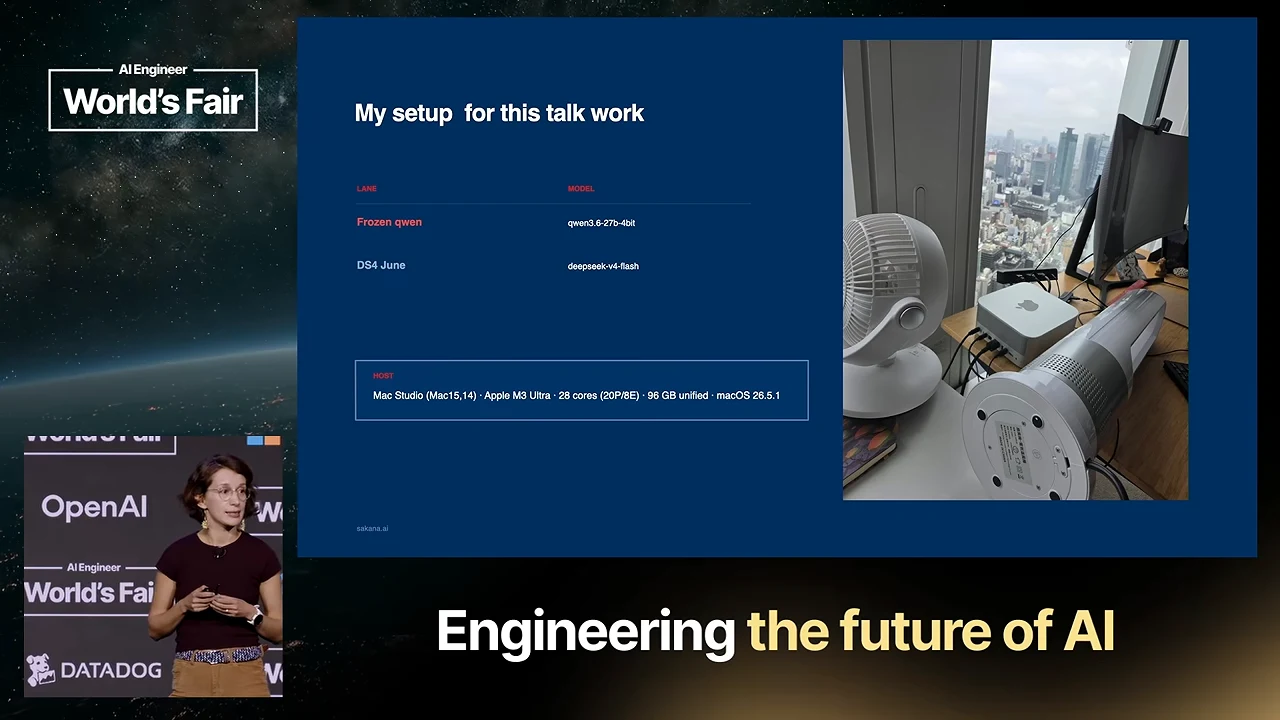 Slide titled “My setup for this talk work,” showing a two-row model table, a host specification box, and a desk photograph of a Mac with several fans.