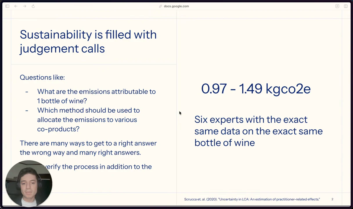 Slide on sustainability judgment calls, with wine and co-product allocation questions beside a 0.97–1.49 kgco2e range for six experts using the same data.