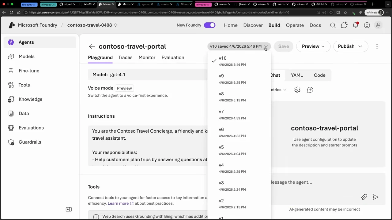 The contoso-travel-portal playground with its version dropdown open, showing v10 selected and earlier saved versions below.