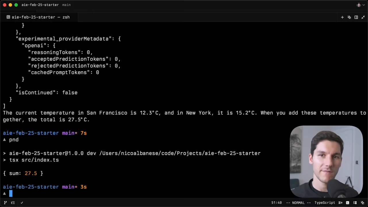 Terminal showing an earlier prose weather response followed by a new script run that prints { sum: 27.5 }.