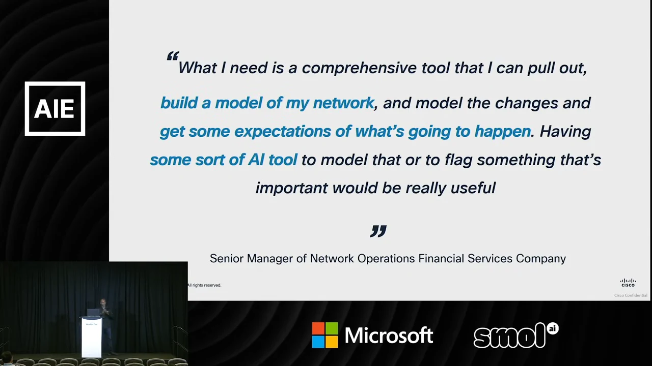 Quotation asking for a tool to build a network model, model changes, anticipate outcomes, and flag important issues, attributed to a senior network operations manager at a financial services company.