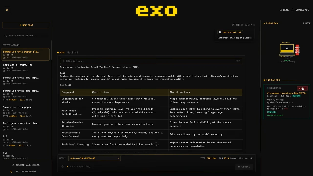 EXO chat interface showing a Transformer summary and a table of components, with a single-node topology panel on the right.