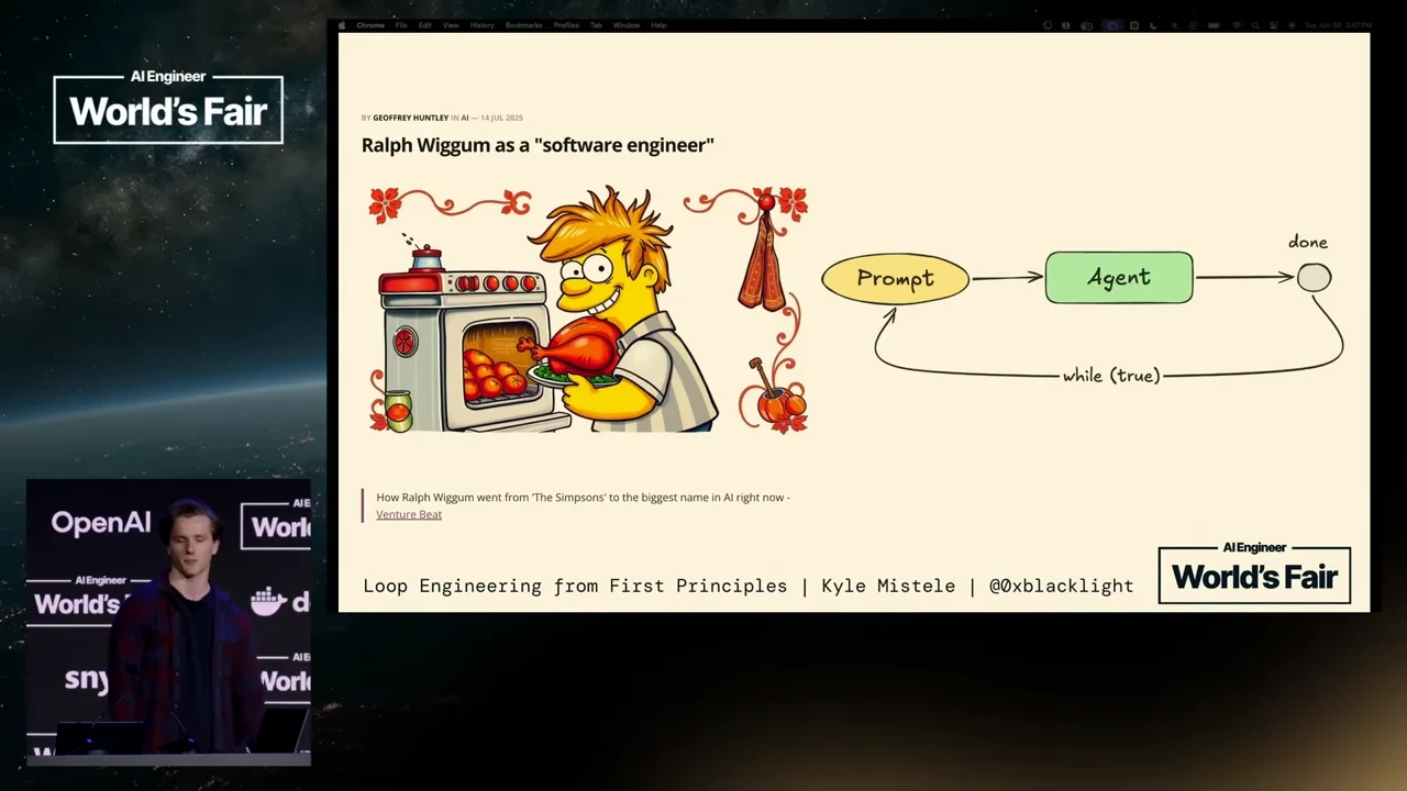 Slide with a cartoon character at an oven and a diagram connecting Prompt to Agent to done, with a return arrow labeled while (true).