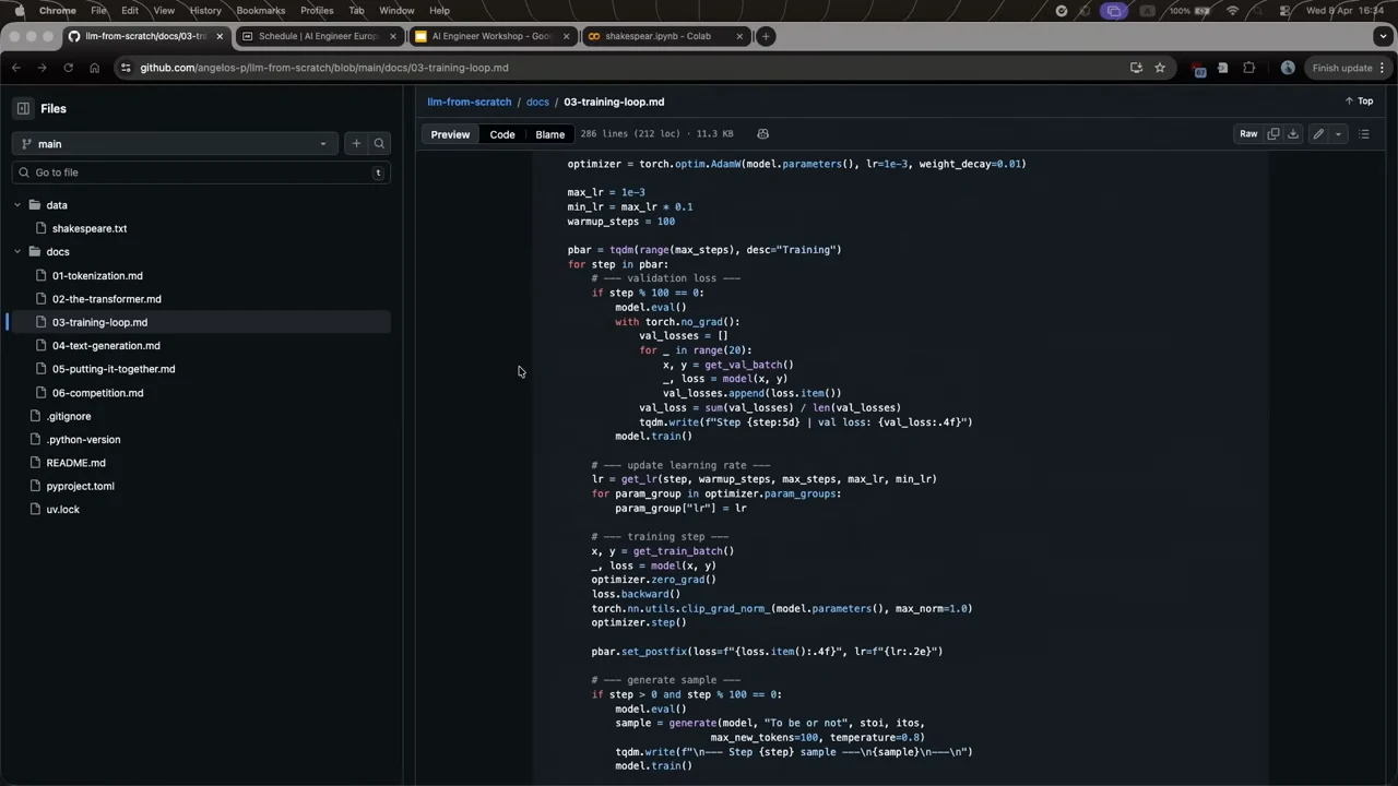 GitHub training-loop code showing validation loss, learning-rate updates, backpropagation, gradient clipping, optimizer steps, and sample generation.