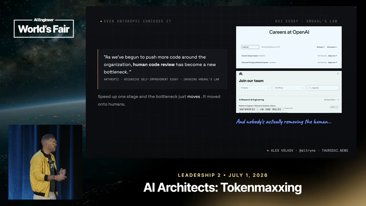 Slide quoting Anthropic on human code review becoming a bottleneck, alongside OpenAI and Anthropic careers screenshots.