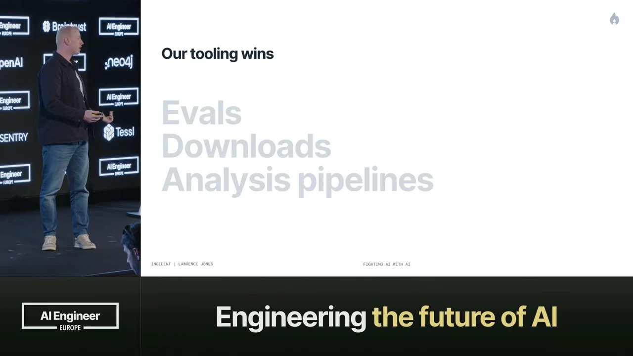 Slide titled “Our tooling wins” lists Evals, Downloads, and Analysis pipelines beside the presenter.