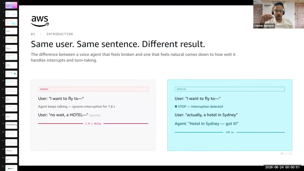 Slide comparing a broken interaction with a 1.8 s delay against a working interaction that stops and accepts a correction in 180 ms.