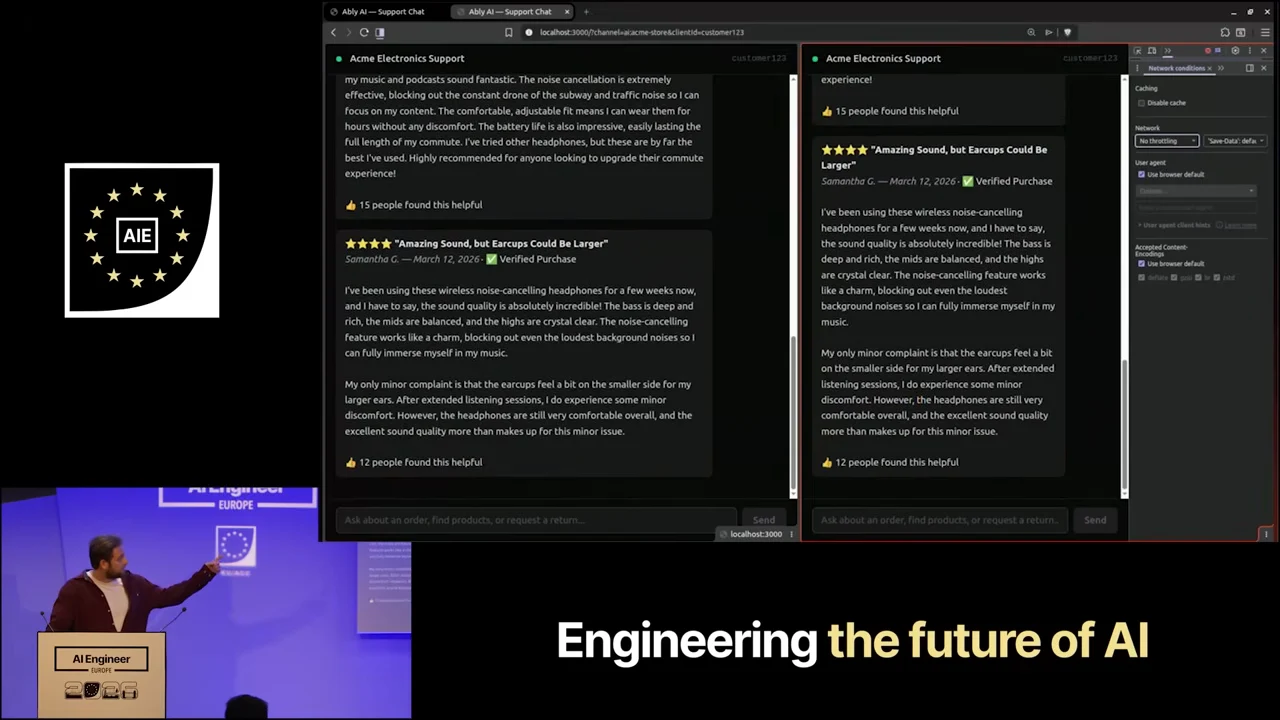 Two Acme Electronics Support chat windows showing starred headphone reviews, alongside a browser developer tools network panel.