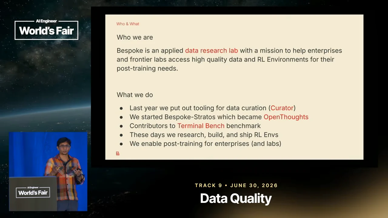 “Who & What” slide describing Bespoke as an applied data research lab and listing data curation, OpenThoughts, Terminal Bench, RL environments and enterprise post-training.