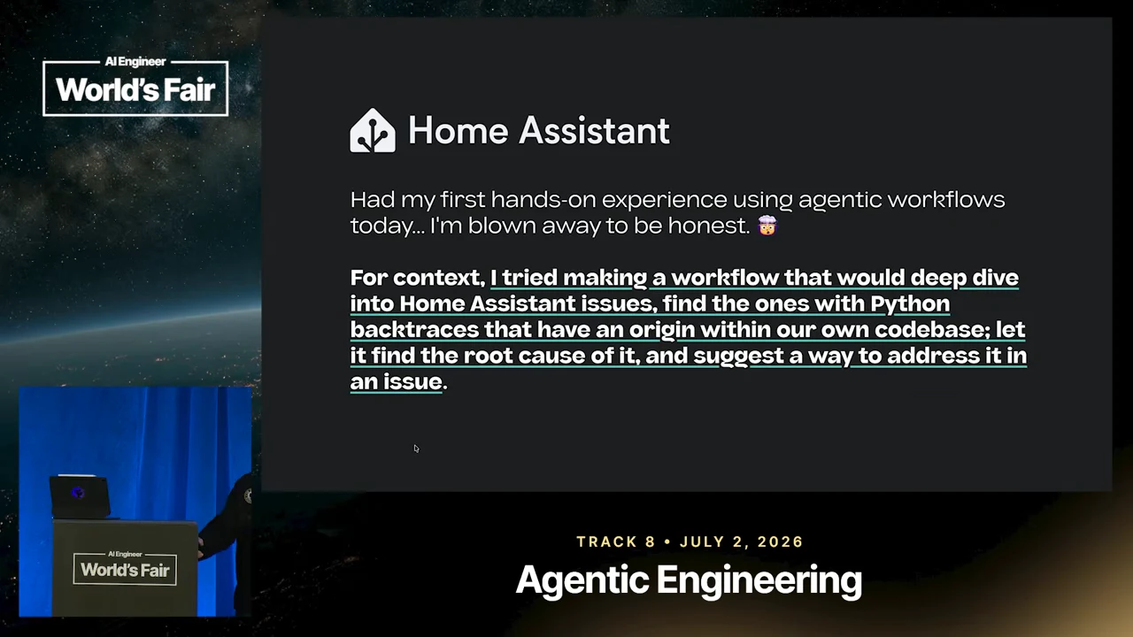 Home Assistant slide quotes a workflow that examines issues with Python backtraces originating in its codebase, finds root causes, and suggests ways to address them.