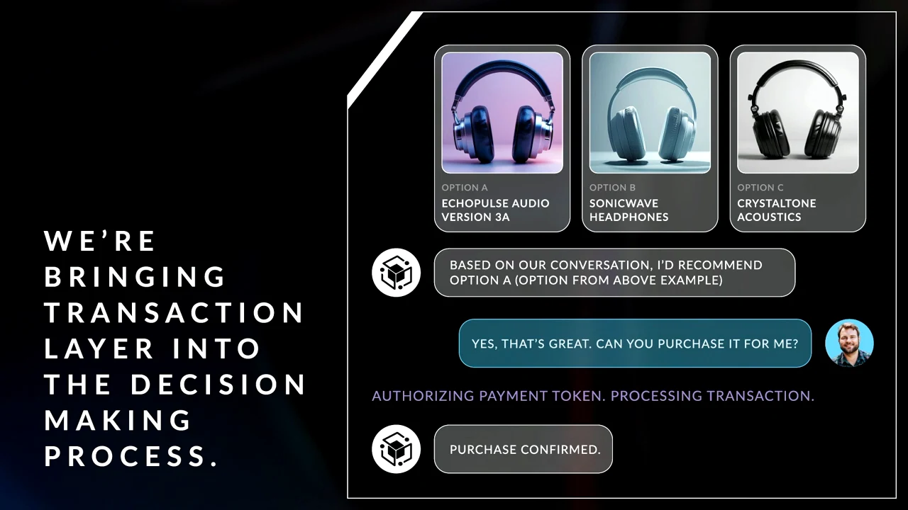 Three headphone options above a chat recommending option A, a request to purchase, payment-processing text, and “Purchase confirmed.”