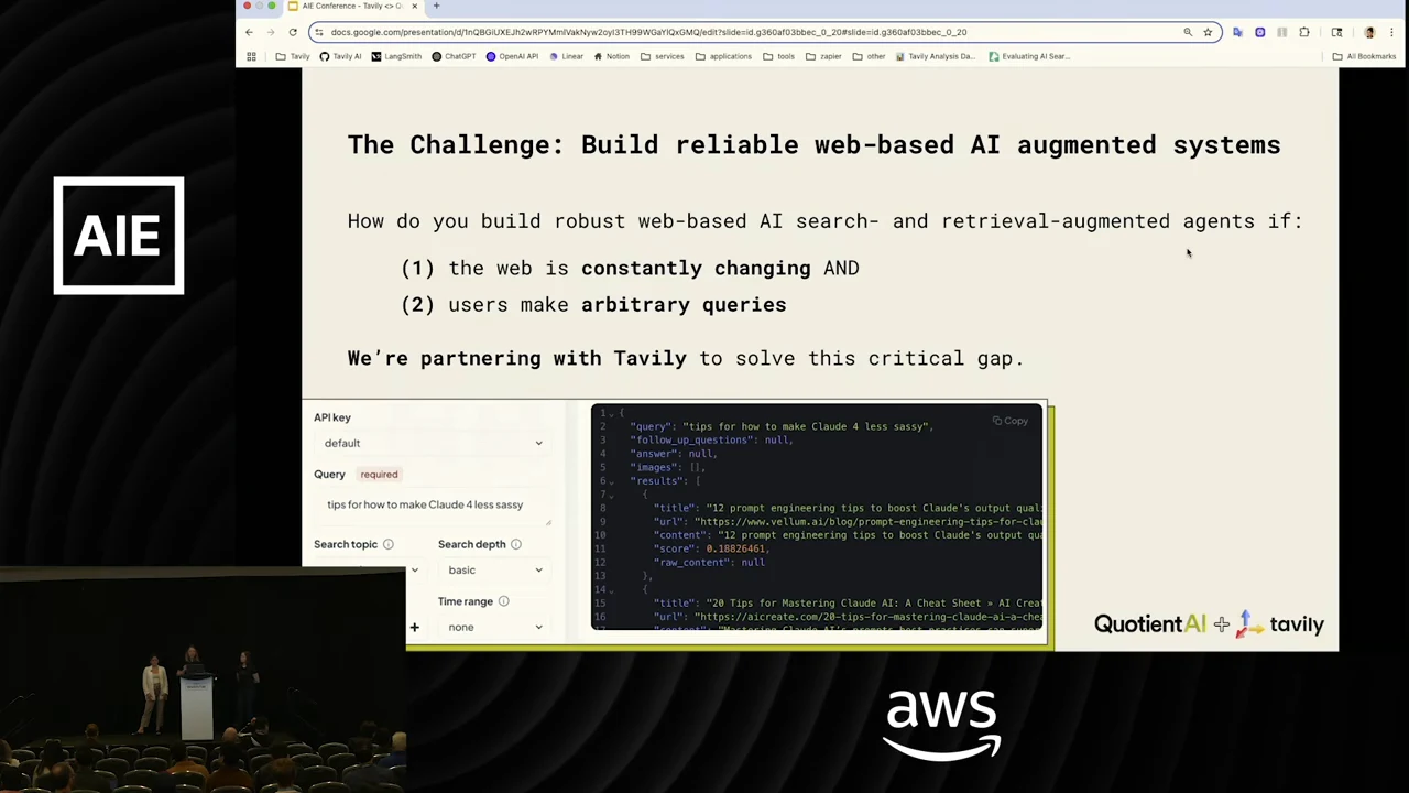 Slide titled “The Challenge: Build reliable web-based AI augmented systems,” with two sources of unpredictability above a search interface and JSON results.