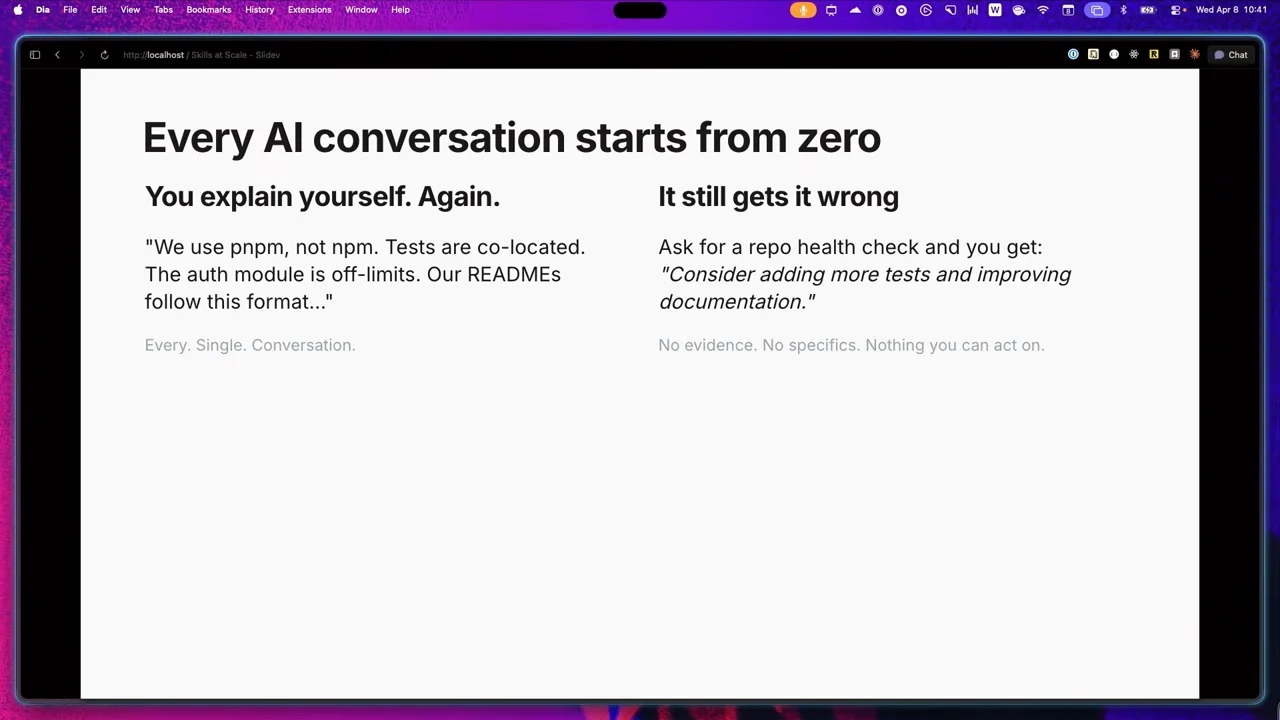 Slide with two columns, “You explain yourself. Again.” and “It still gets it wrong,” showing repository preferences and vague review advice.