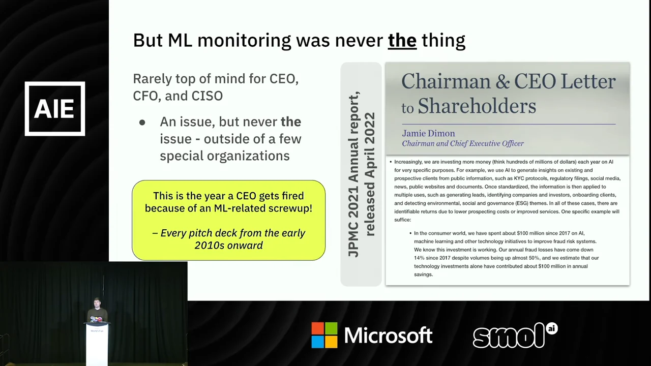 Slide titled “But ML monitoring was never the thing,” with executive-priority bullets, a yellow CEO-risk callout and a shareholder-letter excerpt labeled as released in April 2022.