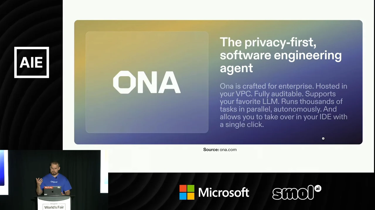 Gradient Ona panel describing enterprise hosting, auditability, LLM support, autonomous parallel tasks and IDE takeover, with ona.com credited below.