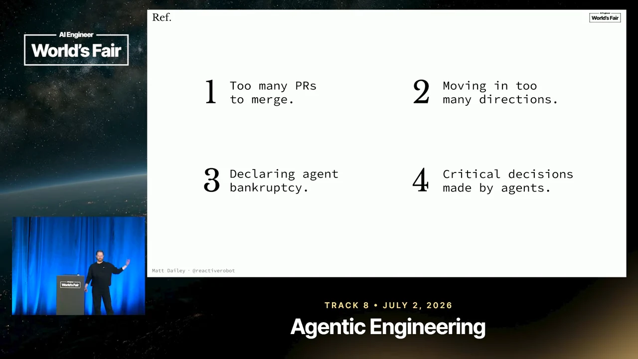 Slide lists too many PRs to merge, moving in too many directions, declaring agent bankruptcy, and critical decisions made by agents.