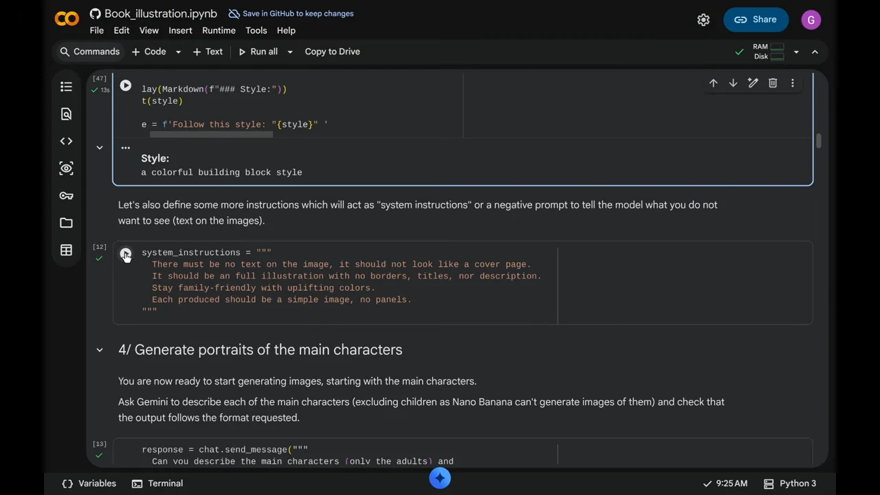Colab shows the style “a colorful building block style,” instructions excluding text, borders and panels, and the heading for generating character portraits.