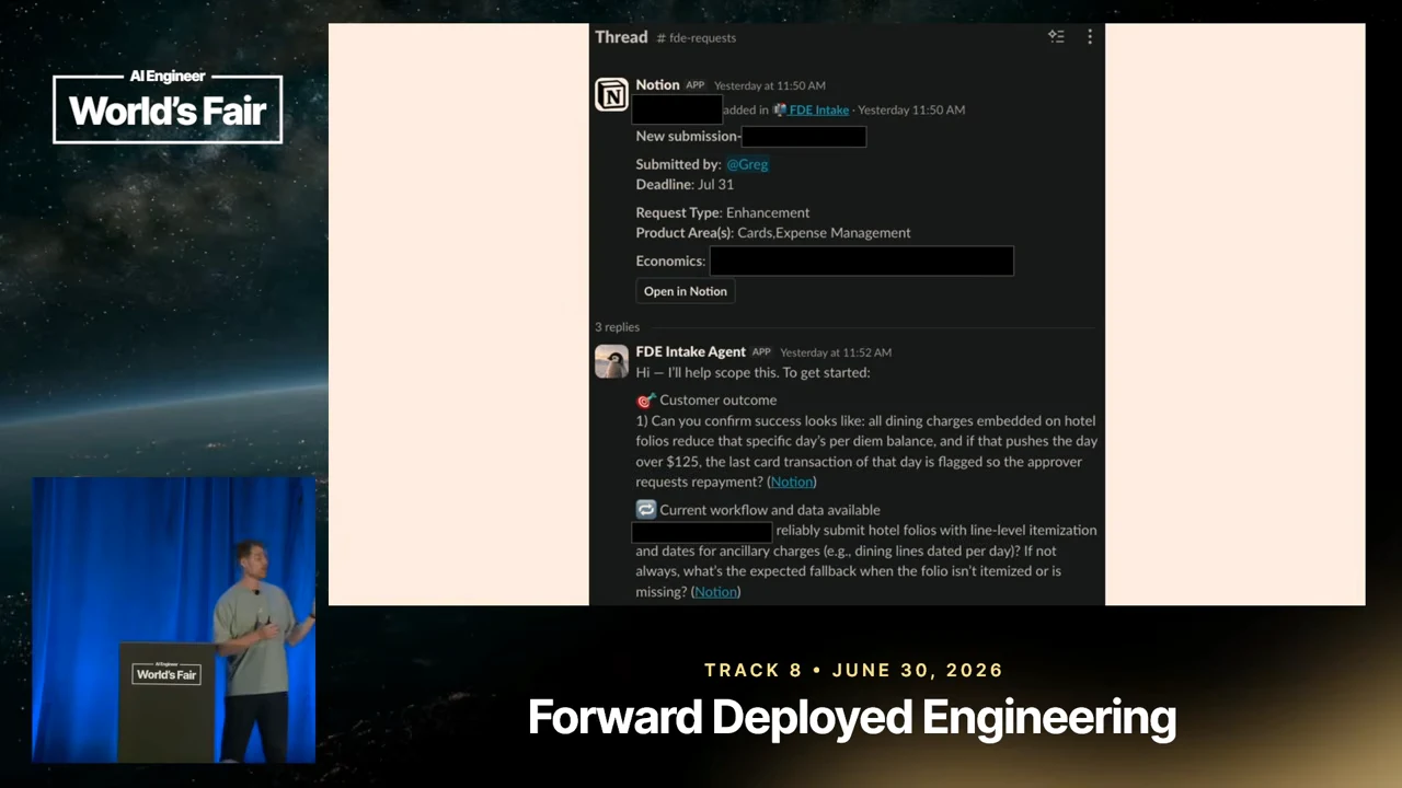 Slack thread showing a Notion submission, an “Open in Notion” button, and an FDE Intake Agent reply with headings for customer outcome and current workflow and data available.