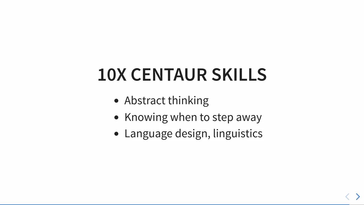 Slide listing abstract thinking, knowing when to step away, and language design and linguistics.
