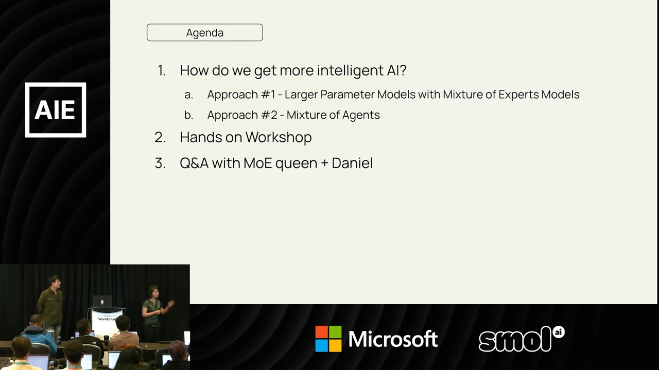 Agenda slide listing larger parameter models with mixture of experts, mixture of agents, a hands-on workshop, and Q&A.