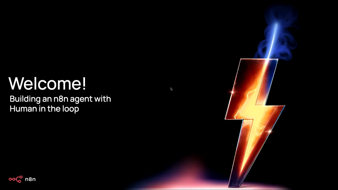 Welcome slide with the workshop title, n8n logo, and a glowing lightning bolt on black.