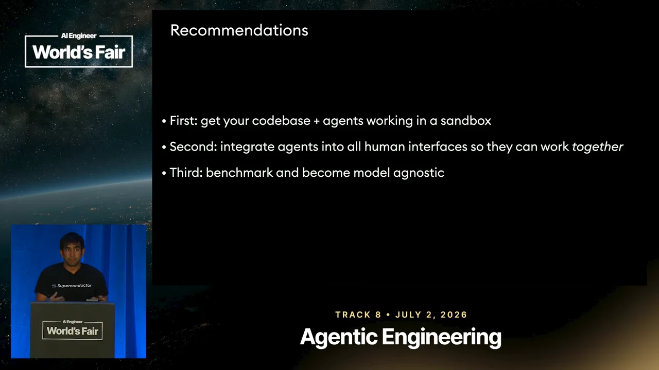 Recommendations slide listing sandbox execution, integration into human interfaces, and benchmarking with model independence.
